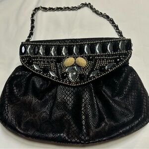 Chico’s Black Faux Leather/Suede Snakeskin Shoulder Bag Bead & Jewel Embellished